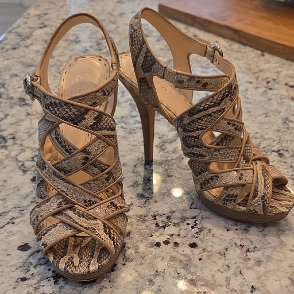 Coach Shoes - Coach Snakeskin Strappy Heels in Tan and Brown